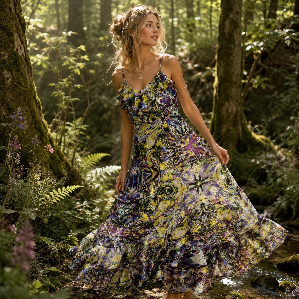 The Pyramid Collection Psychedelic Butterfly Maxi Dress Sz L Ruffle Festival